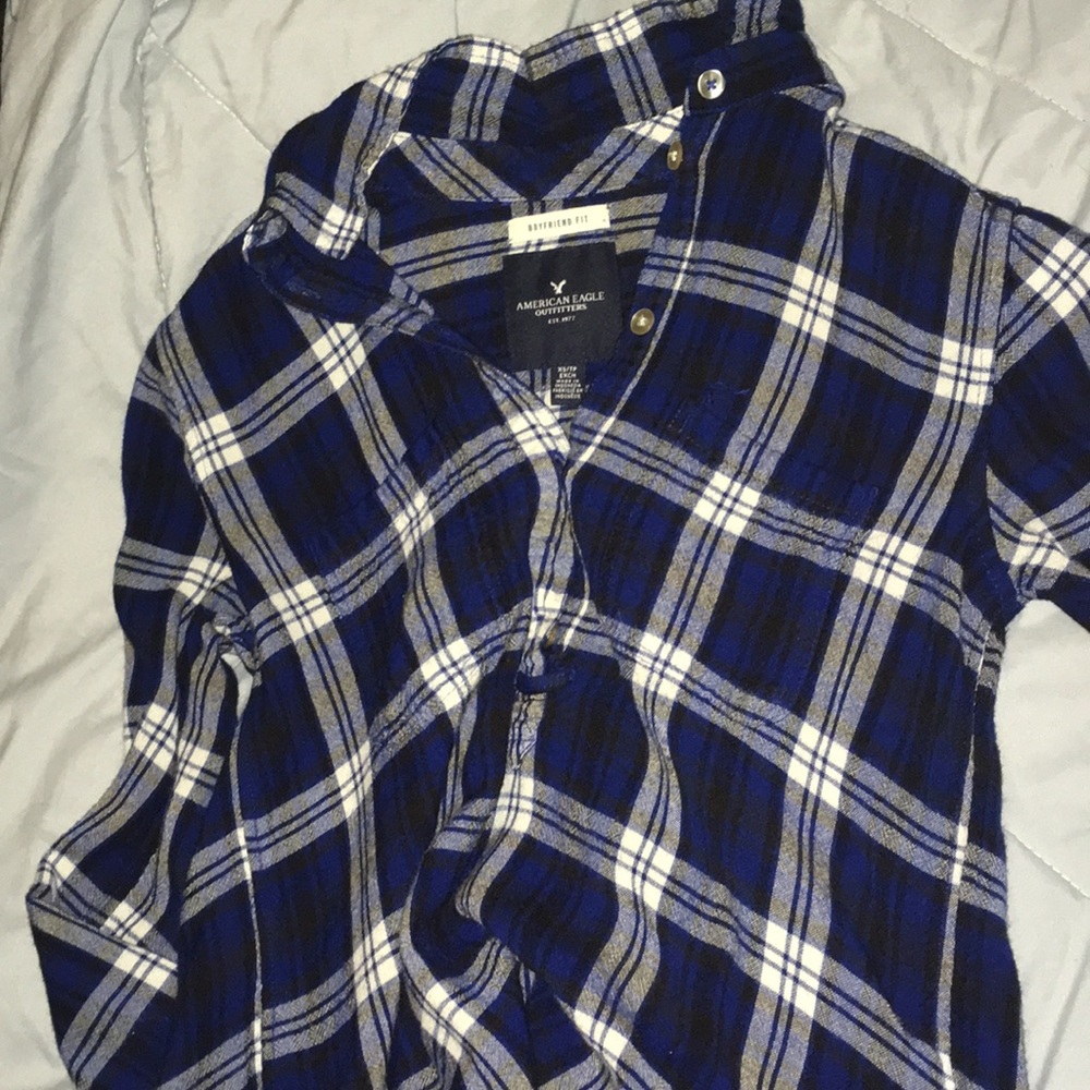 Half button up, soft blue plaid.